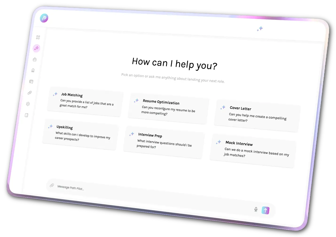 PathPilot activities interface showing job matching, resume builder, cover letter writer, and other career tools